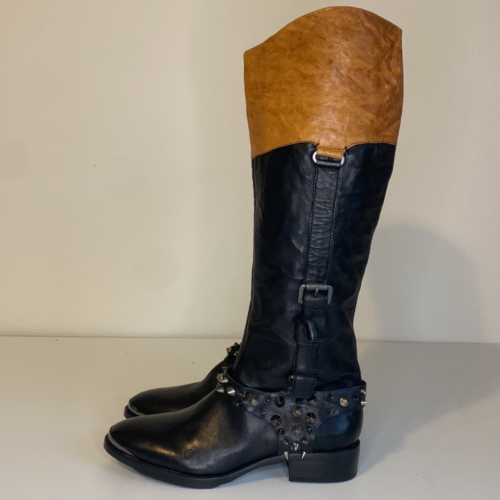 Sam Edelman Park two-Tone Black and Tan Studded Knee-High Riding Boots 6M